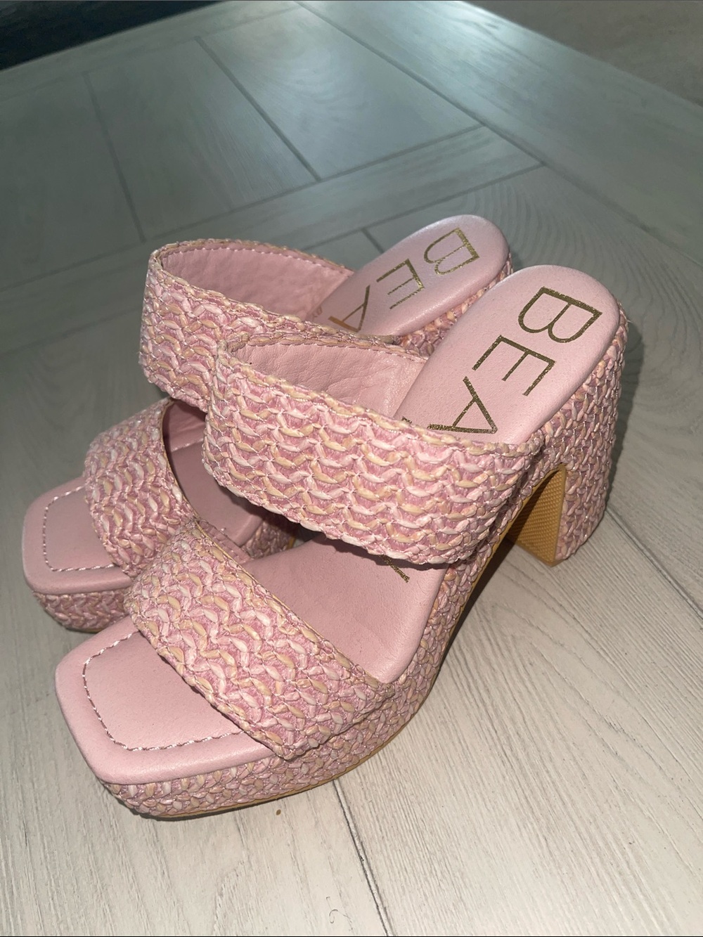 Matisse Pink Woven Double-Strap Platform Block Heel Mules